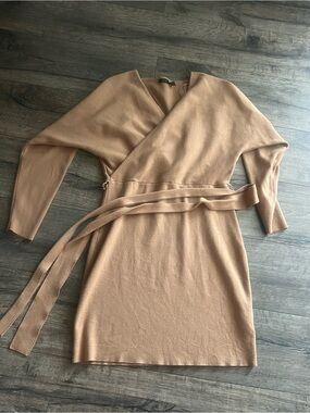 Wrap-Style Sweater Dress in Tan